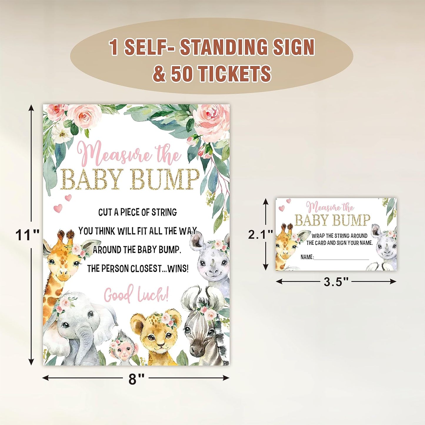 Baby Shower Games - Measure The Baby Bump Set - Watercolor Floral Safari Theme how big is mommy's belly - 1 Standing sign & 50 tickets - gender reveal party decorations & supplies -DWLK-A01