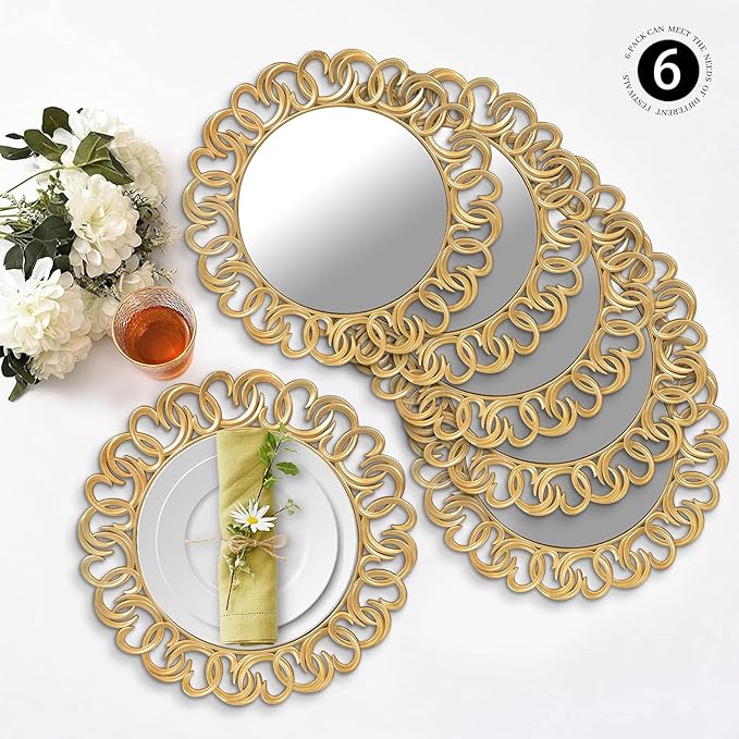 MAONAME 13" Gold Charger Plates Set of 6, Mirror Charger for Dinner Plates, Plastic Plate Chargers with Entwined Swirl Rim, Round Chargers for Table Setting, Wedding