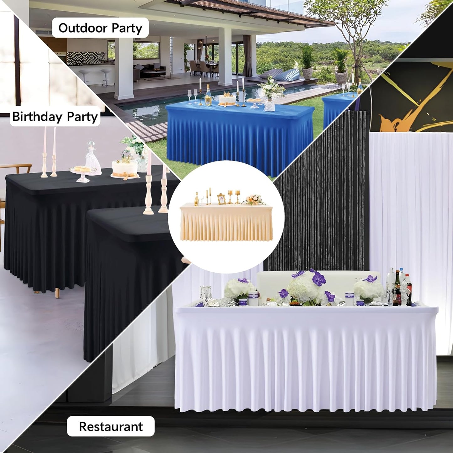 leegleri 4 Pack Champagne Spandex Tablecloths for 8 Foot Rectangle Tables, Wrinkle Free Fitted Table Cloths 8ft Stretchy Table Cloth Cover with Skirt for Parties Weddings Birthday Banquet Baby Shower