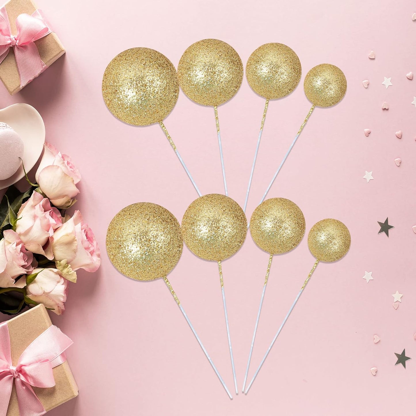30Pcs Balls Cake Topper Glitter Foam Ball Cake Picks Mini Balloon DIY Cake Insert Topper Decoration for Baby Shower Wedding Anniversary Kids Birthday Graduation Party Cake Decorations Gold