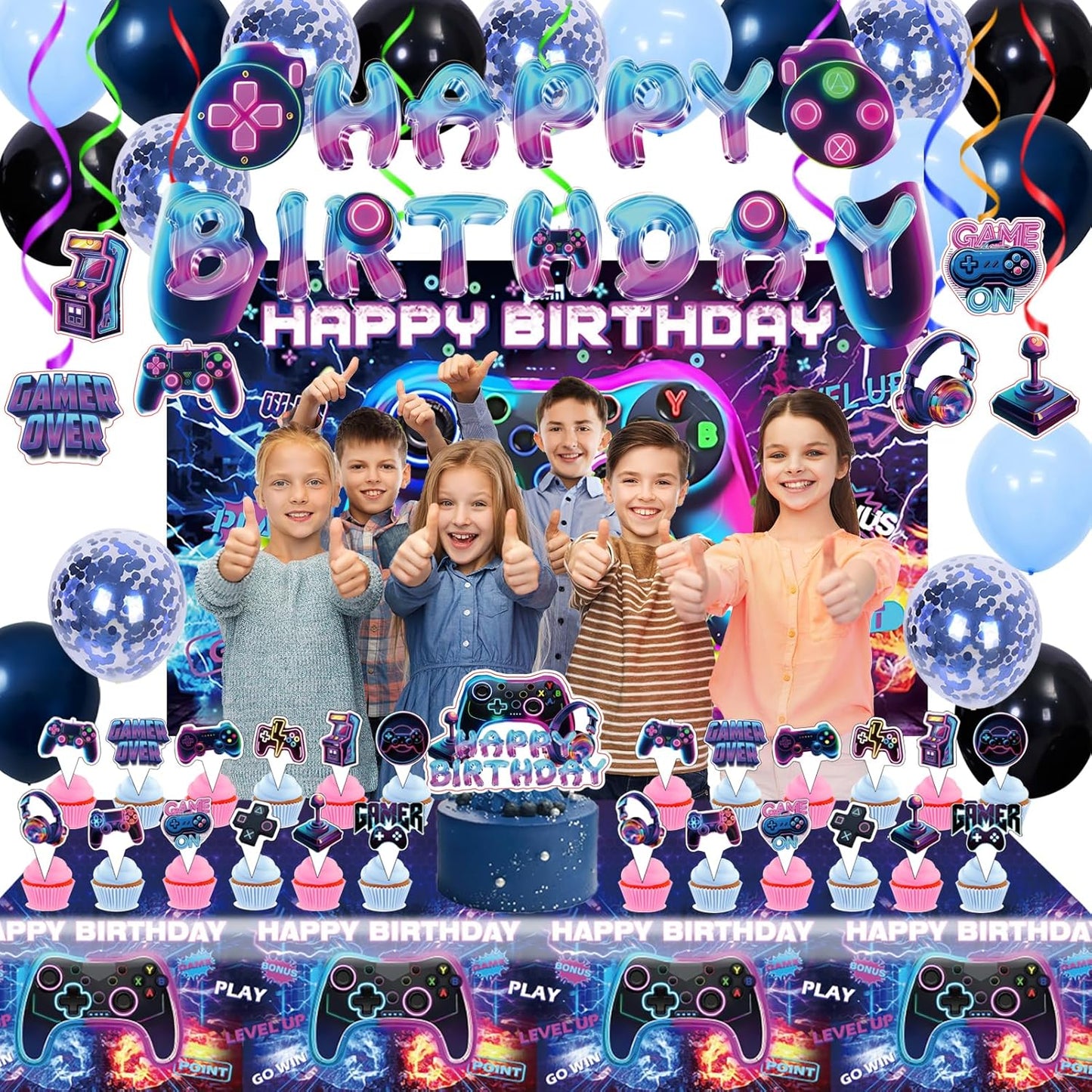 Video Game Birthday Party Supplies, Game Theme Style Party Include Happy Birthday Banner, Backdrop, Tableware Set, Tablecloth, Hanging Swirls, Cake Toppers, Cupcake Toppers, Latex Balloons (Game)
