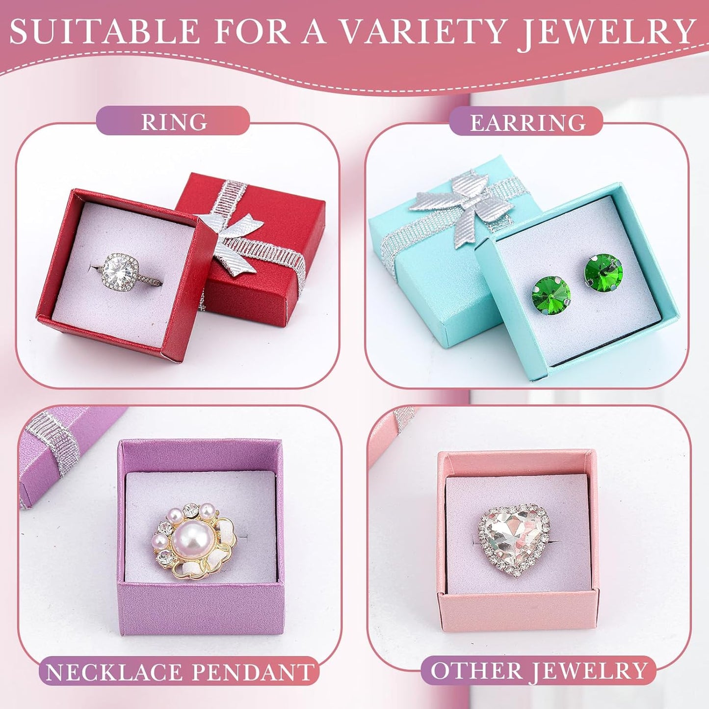 72 Pcs Ring Boxes 1.6 x 1.6 In Hard Cardboard Jewelry Box with Ribbon Bow Small Jewelry Gift Cases for Small Business(Delicate Color)