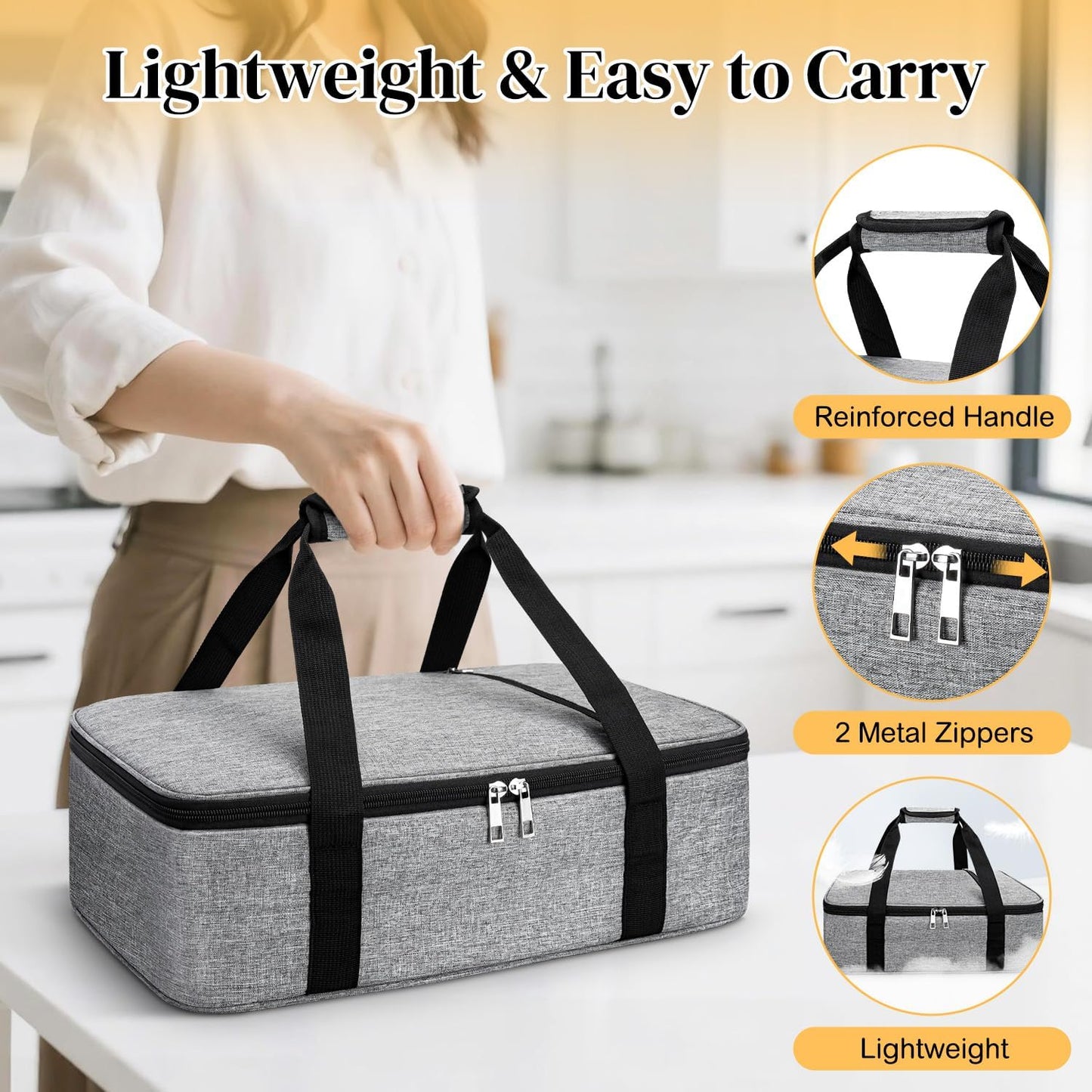 Coobiiya Insulated Casserole Carrier – Portable Tote for Hot or Cold Food, Warmer & Cooler Bag Lunch Bag, Fits 9" x 13" Baking Dish, Ideal for Potluck Parties – Grey