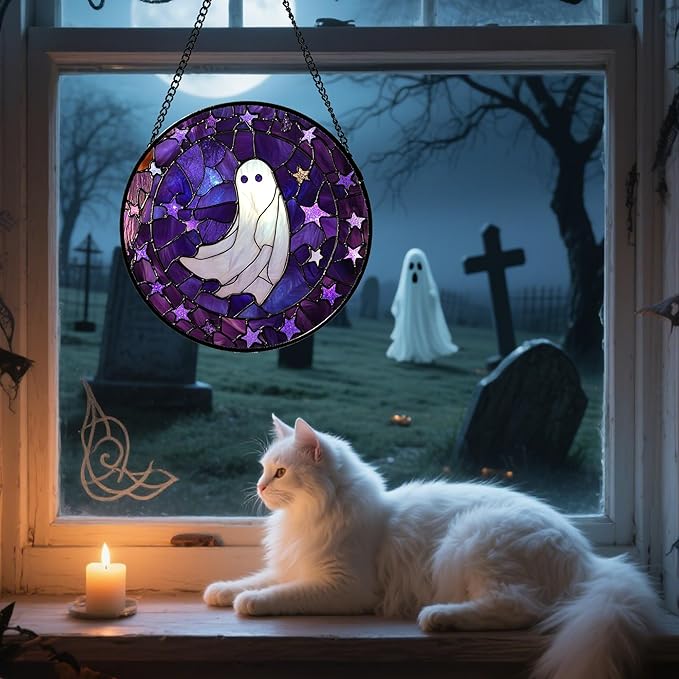 Stained Glass Window Hanging - Halloween Decoration Purple Star White Ghost Suncatcher for Doors Garden Indoor Spooky Sun Catchers Gothic Decor Horror Gifts for Women Men Friend 15 in