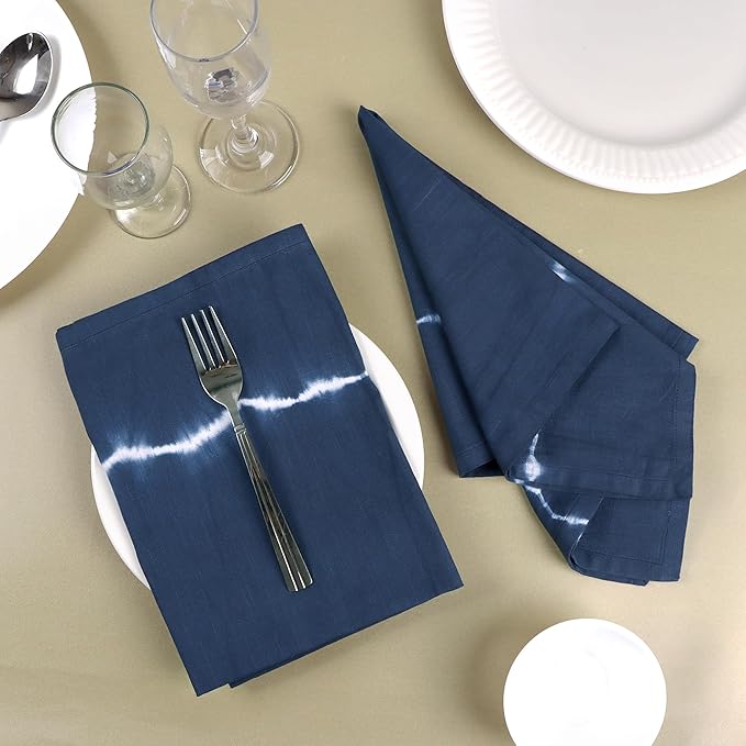 FINGERCRAFT Cloth Napkins Set of 6 Cotton Blend Tie Dye 20x20 Inch Large Size Dinner Napkins Cloth Perfect for Parties Dinners Weddings Cocktail Christmas Easter Royal Blue Lines