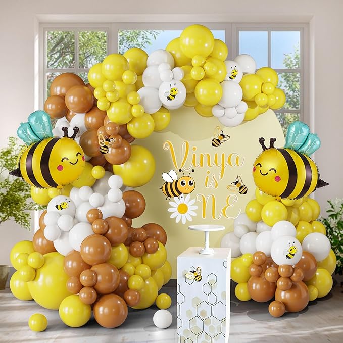 144PCS Bee Balloon Arch Garland Kit with Yellow Brown White Balloons for Honey Bumble Bee Theme Birthday Decorations, What Will It Bee Gender Reveal, Sunflower Party Decor