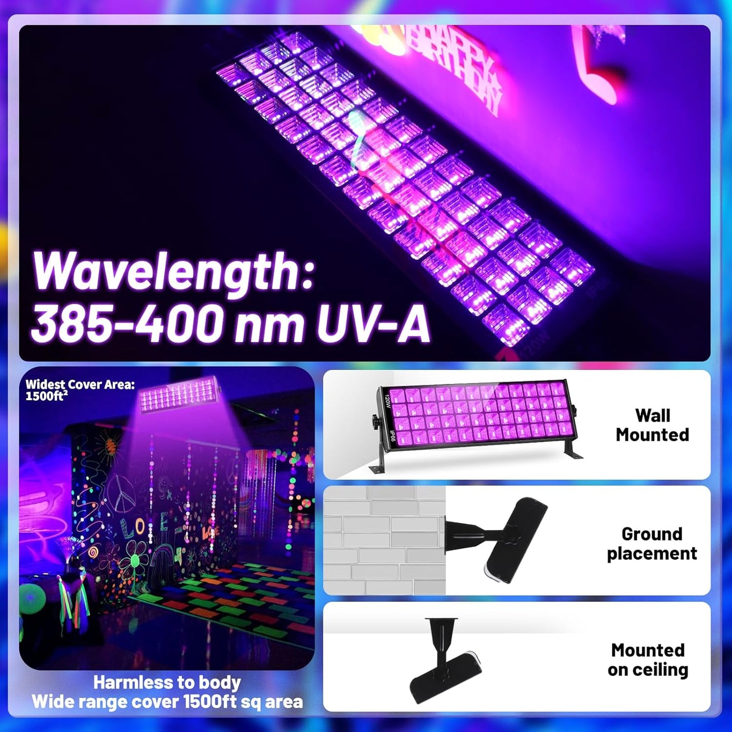 120W Waterproof LED Black Lights, 4 Pack Black Light Bar with 10Ft Cable and On/Off Switch, IP66 Indoor/Outdoor Blacklight for Neon Glow Party, Body Paint, Fluorescent Reactive, Back Yard