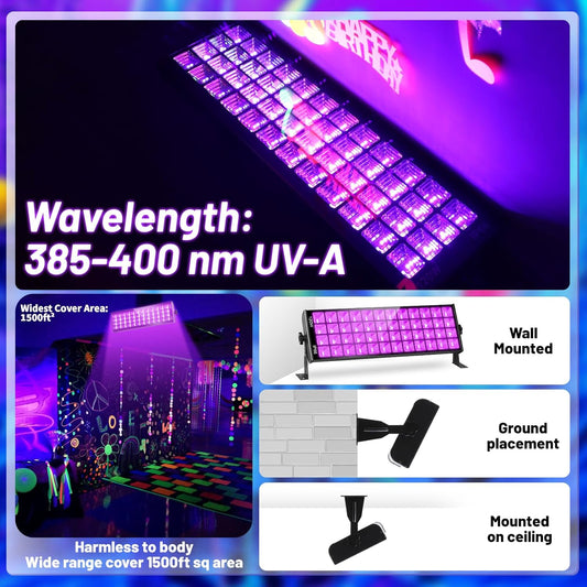 120W Waterproof LED Black Lights, 4 Pack Black Light Bar with 10Ft Cable and On/Off Switch, IP66 Indoor/Outdoor Blacklight for Neon Glow Party, Body Paint, Fluorescent Reactive, Back Yard