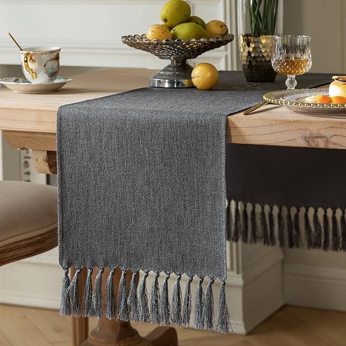 ZeeMart Graphite Grey Table Runners 60 Inches Long, Burlap Linen Style Rustic Farmhouse Table Runner, Boho Woven Dining Table Runner, 13x60 Inches, Graphite Grey