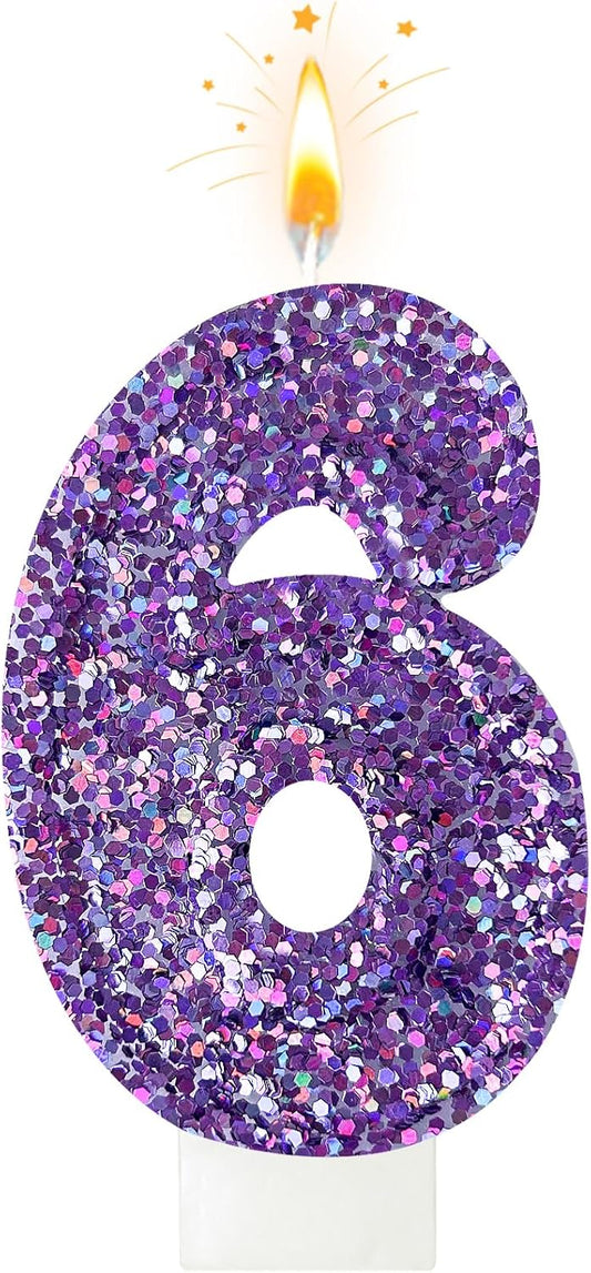 Birthday Number Candles, Glitter Number Candle Cake Decorations with Sequins, Cupcake Decorations for Girls, Women, Party Anniversary Celebrations (Number 6, Purple)