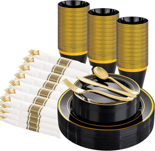 WELLIFE 210PCS Black and Gold Plastic Plates - Plastic Dinnerware Set for 30 Guests,Include 30 Dinner Plates, 30 Dessert Plates, 30 Black Cups 9 OZ, 30 Pre Rolled Napkins with Gold Silverware