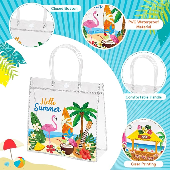 H1vojoxo Summer Hawaiian Gift Bags - 24PCS Hello Summer Clear Gift Bags with Handle 7.9 x 3.2 x 7.9 Inch Reusable PVC Plastic Transparent Waterproof Tote Bag for Hawaiian Party Birthday Party Supplies
