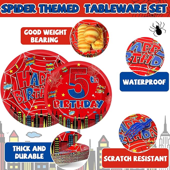 96Pcs Spider 5th Birthday Party Decorations Cartoon Spider Theme Plates Napkins Red Blue Hero Tableware set Disposable Spiderweb 5th Birthday Decoration Favors for Kids 5 Year Party Supplies Serve 24
