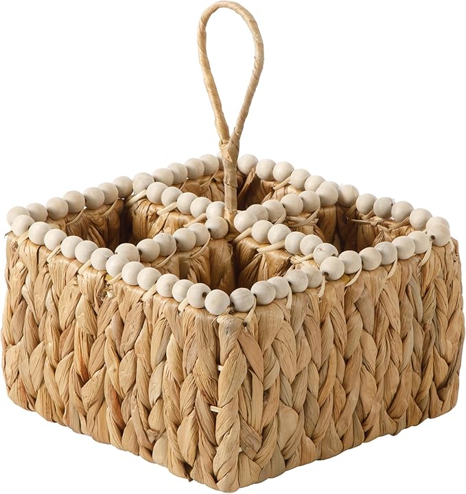 Gibson Home Riverrun Grove Woven Utensil Caddy with 4 Compartments, Natural Hand-Braided Water Hyacinth Basket with Wood-Bead Trim for Napkins, Cutlery, Condiments & Tabletop Storage