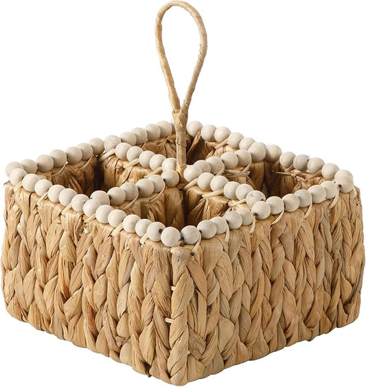Gibson Home Riverrun Grove Woven Utensil Caddy with 4 Compartments, Natural Hand-Braided Water Hyacinth Basket with Wood-Bead Trim for Napkins, Cutlery, Condiments & Tabletop Storage