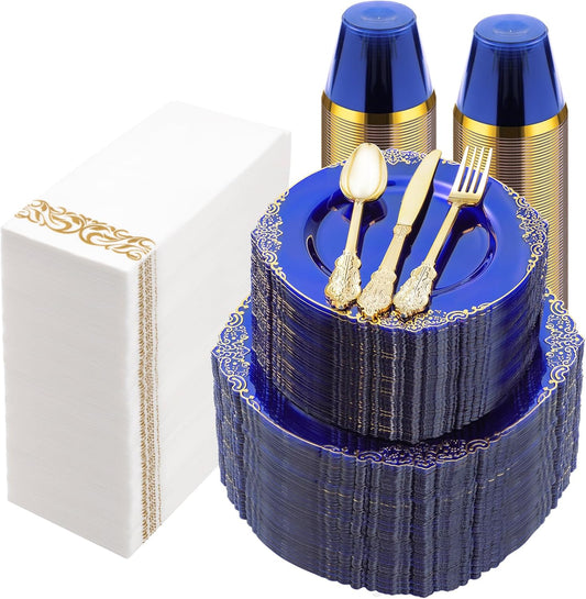 700PCS Clear Blue Plastic Plates for 100 Guests, Disposable Plates with Gold Trim include 100 Dinner plates, 100 Dessert Plates, 100 Gold Silverware, Cups and Napkins for Party, Graduation