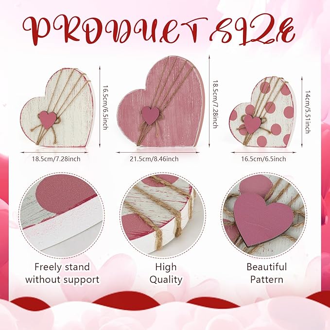 3 Pcs Valentines Day Decor for Table Centerpiece Vintage Wooden Heart Shaped Sign for Tiered Tray Decor with Jute Twine Bows Rustic Farmhouse Boho Valentine Decors for Home Couple Lover Gifts