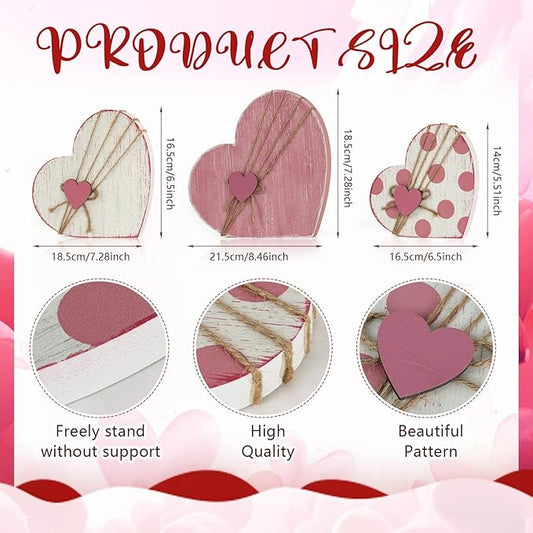 3 Pcs Valentines Day Decor for Table Centerpiece Vintage Wooden Heart Shaped Sign for Tiered Tray Decor with Jute Twine Bows Rustic Farmhouse Boho Valentine Decors for Home Couple Lover Gifts