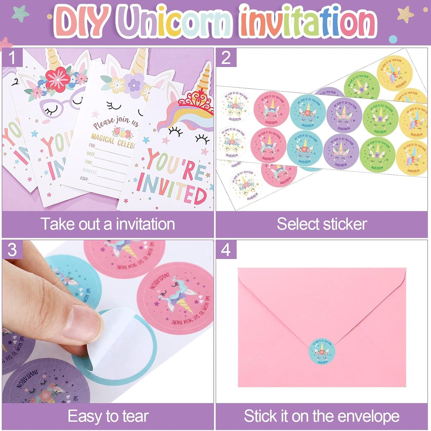 Hotop 24 Sets Unicorn Birthday Invitations with Envelopes and Stickers FOR GIRLS Party Invitations for Kids Birthday Baby Shower Party