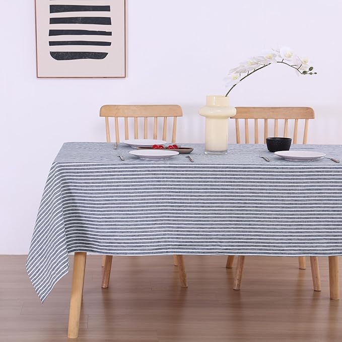 100% French Flax Linen Tablecloths Rectangle 144Lx60W Inch for Dinners, Parties, Easter, Halloween, Camping, Stone Washed, Textured, Machine Washable, 12-14 Sets (60''x144'', Blue Stripe)