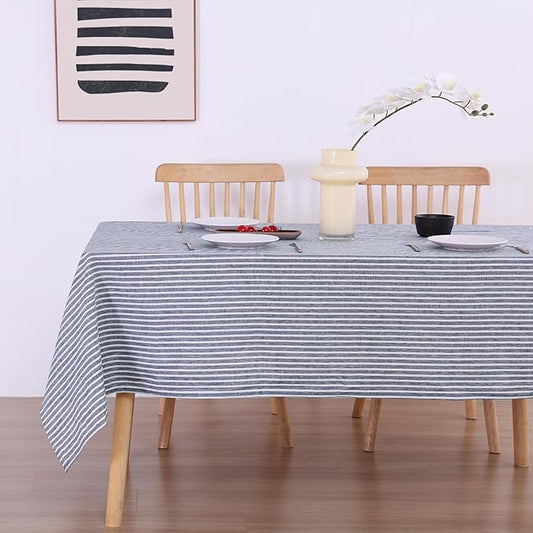 100% French Flax Linen Tablecloths Rectangle 144Lx60W Inch for Dinners, Parties, Easter, Halloween, Camping, Stone Washed, Textured, Machine Washable, 12-14 Sets (60''x144'', Blue Stripe)