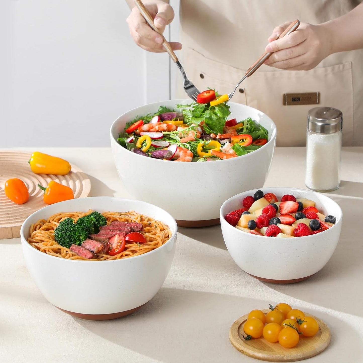 MALACASA Ceramic Mixing Bowls, Large Serving Bowls for Mixing, Cooking, Prepping, Baking, Salad, Soup, Pasta, Nesting Bowls Set of 3, 46/80/140 Oz, Oven, Microwave and Dishwasher Safe, Series TARA