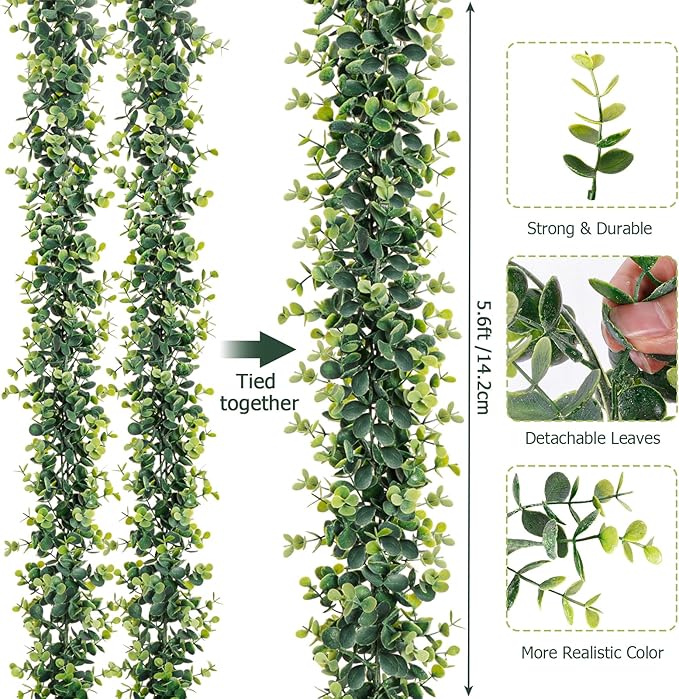 Vines Faux Eucalyptus Garland Plant, Artificial Vines Hanging Eucalyptus Leaves Greenery Garland for Wedding Backdrop Arch Wall Decor Fake Vines,Leaf 5.9 FT UV Indoor Outdoor(2 Pack)
