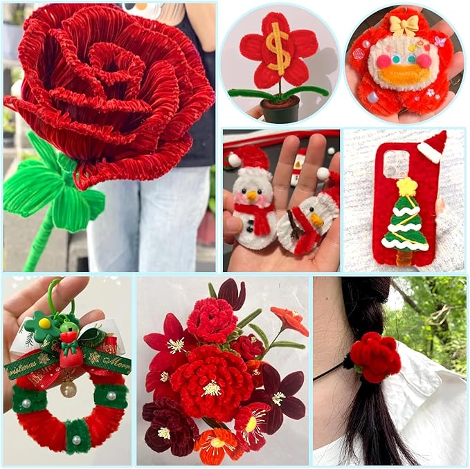 620 Pieces Red Pipe Cleaners Craft Set, 600 Pcs Plum Chenille Stems with 20 Pcs Flower Stems, Craft Supplies Bulk for DIY Art and Craft Projects Creative Gift Wrapping Party Decorations(Red Series)