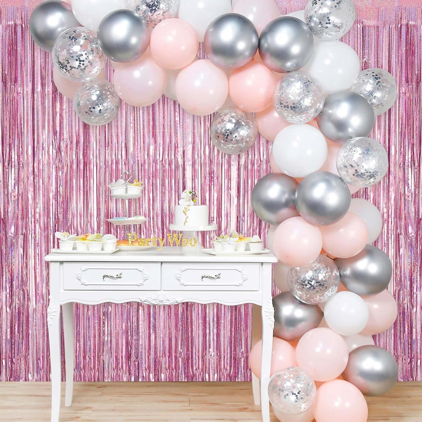 Pink Tinsel Foil Fringe Curtain Backdrop, 3.3 x 8.2 ft Metallic Glitter Curtain Streamers, 2 Pack Pink Photoboth for Birthday Bridal Shower Valentines Day Party Decorations