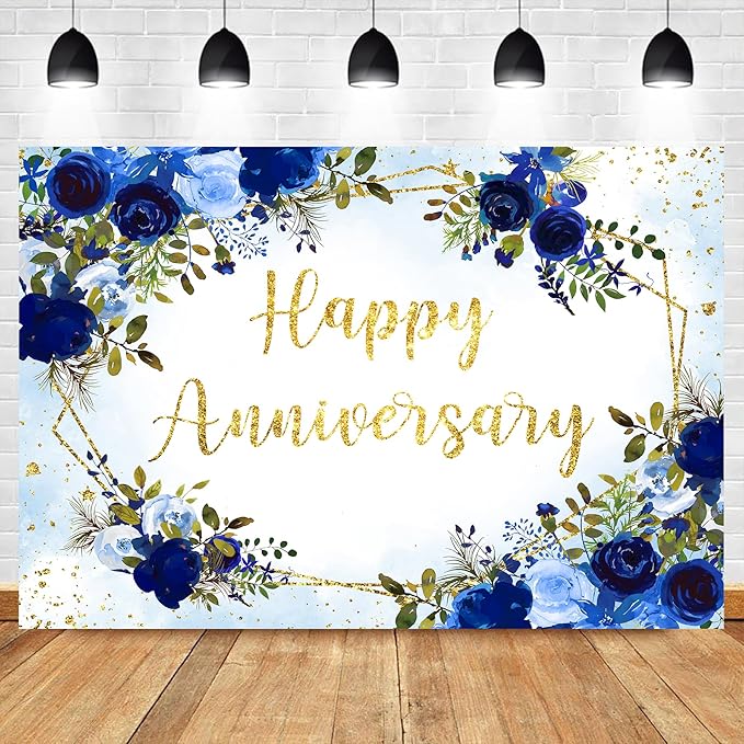 Homewelle Blue Rose Happy Anniversary Backdrop 7Wx5H Feet Polyester Fabric Floral Flower Navy Gold Cheers to Wedding Bridal Women Decoration Valentine's Day Photography Background Photo Shoot Props
