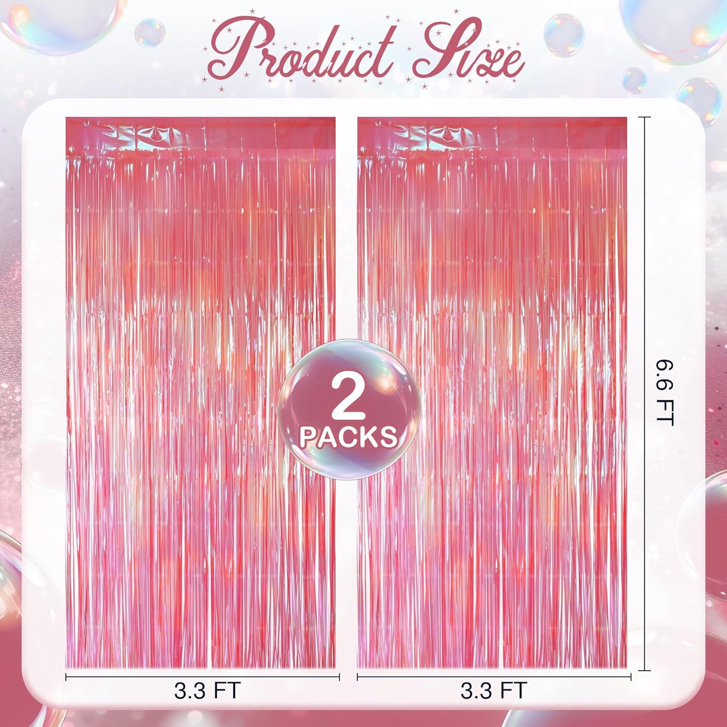2 Pack Pink Iridescent Streamers Backdrop, 3.3x6.6ft Foil Fringe Curtains Holographic Door Tinsel Streamers for Birthday, Wedding, Holiday, Bachelorette, Baby Shower Theme Party Decorations