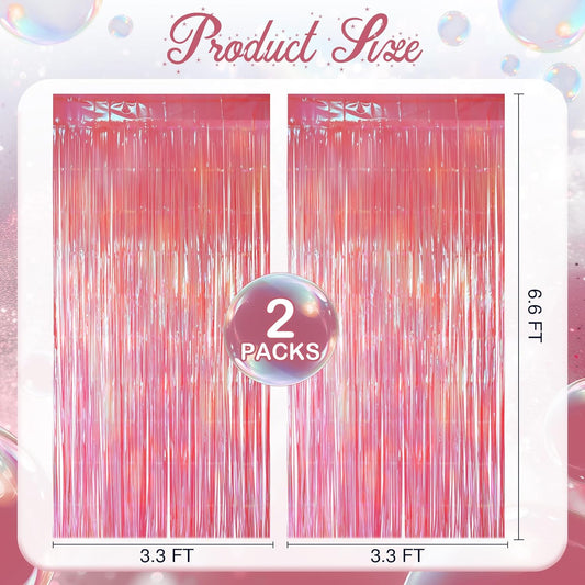 2 Pack Pink Iridescent Streamers Backdrop, 3.3x6.6ft Foil Fringe Curtains Holographic Door Tinsel Streamers for Birthday, Wedding, Holiday, Bachelorette, Baby Shower Theme Party Decorations