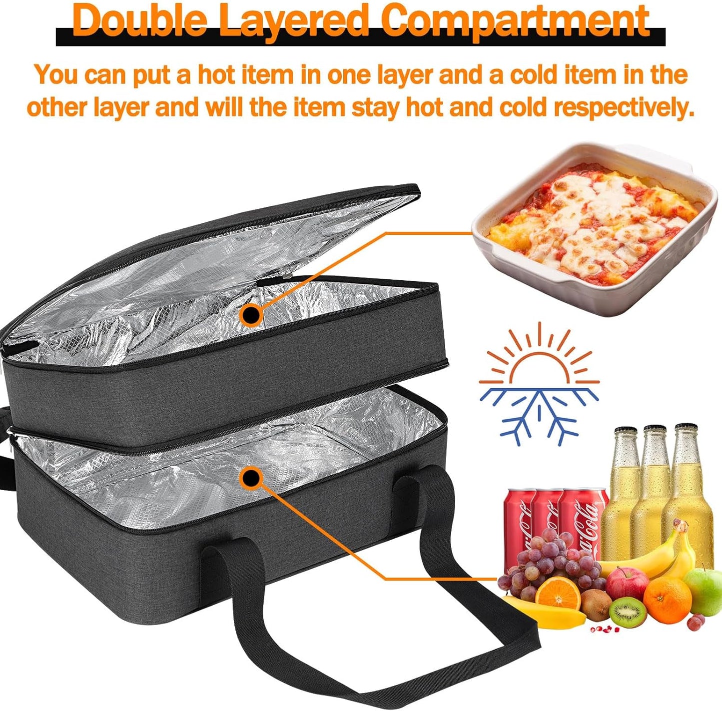 Double Decker Insulated Casserole Carrier for Hot or Cold Food, Insulated Casserole Dish Carrier for Potluck Parties, Picnic, Cookouts, Fits 9"x13" Baking Dish