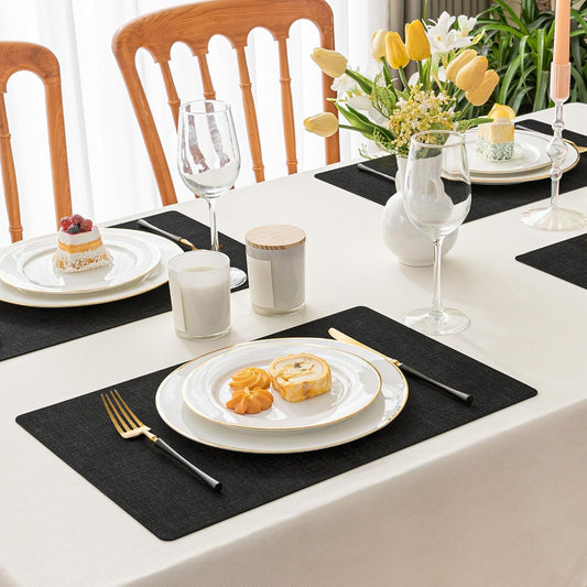 Romanstile Reversible Vinyl Placemats Set of 6, Faux Leather 100% Waterproof Oil-Proof Wipeable Place Mats, Heat Resistant Dual Sided Table Mats for Kitchen/Dining/Party (Black, 12 x 18 Inch)