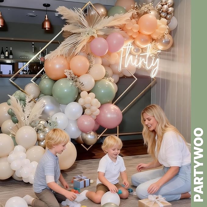 PartyWoo Pink and Green Balloons 65pcs 12 Inch Metallic Gold Sand White Sage Green Nude Dusty Pink Gold Confetti Balloons for Baby Shower Wedding Engagement Princess Birthday Party Decorations