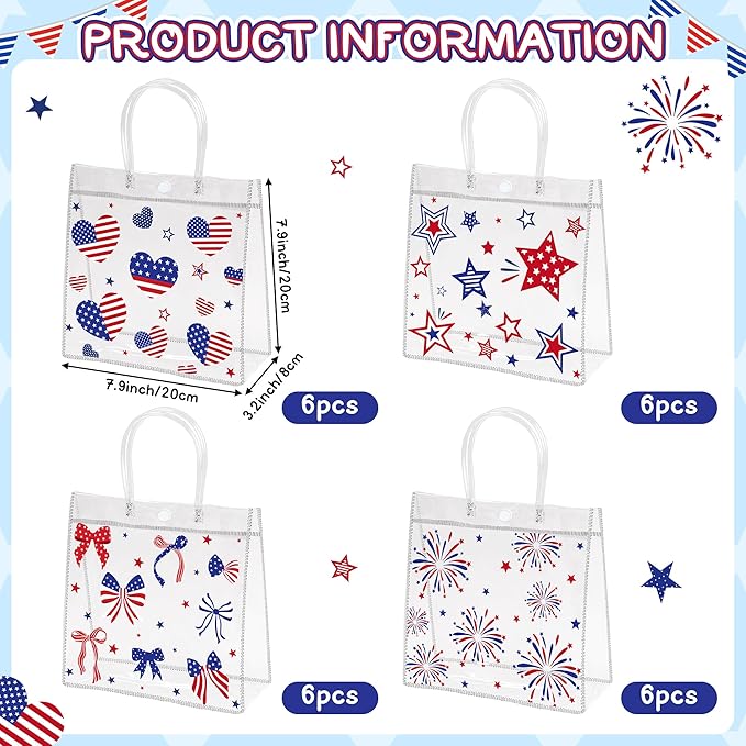 H1vojoxo Patriotic Clear Gift Bags - 24PCS 4th of July Clear PVC Gift Bags with Handles 7.9 x 3.2 x 7.9 Inches American Goodie Treat Snack Candy Gifts Bag Independence Day Memorial Day Party Favors