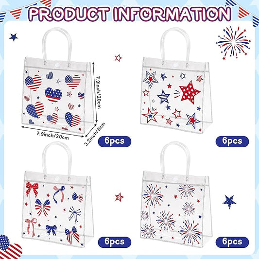 H1vojoxo Patriotic Clear Gift Bags - 24PCS 4th of July Clear PVC Gift Bags with Handles 7.9 x 3.2 x 7.9 Inches American Goodie Treat Snack Candy Gifts Bag Independence Day Memorial Day Party Favors