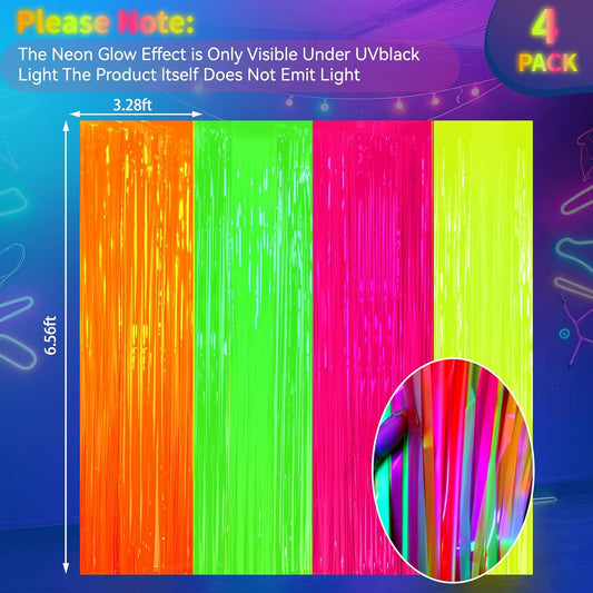ADLKGG Glow in The Dark Party Supplies, 4Pcs Neon Party Decorations, Fluorescent Green Orange Yellow Fuchsia Foil Fringe Curtains Backdrop for Birthday Halloween Pool Photo Booth Prop