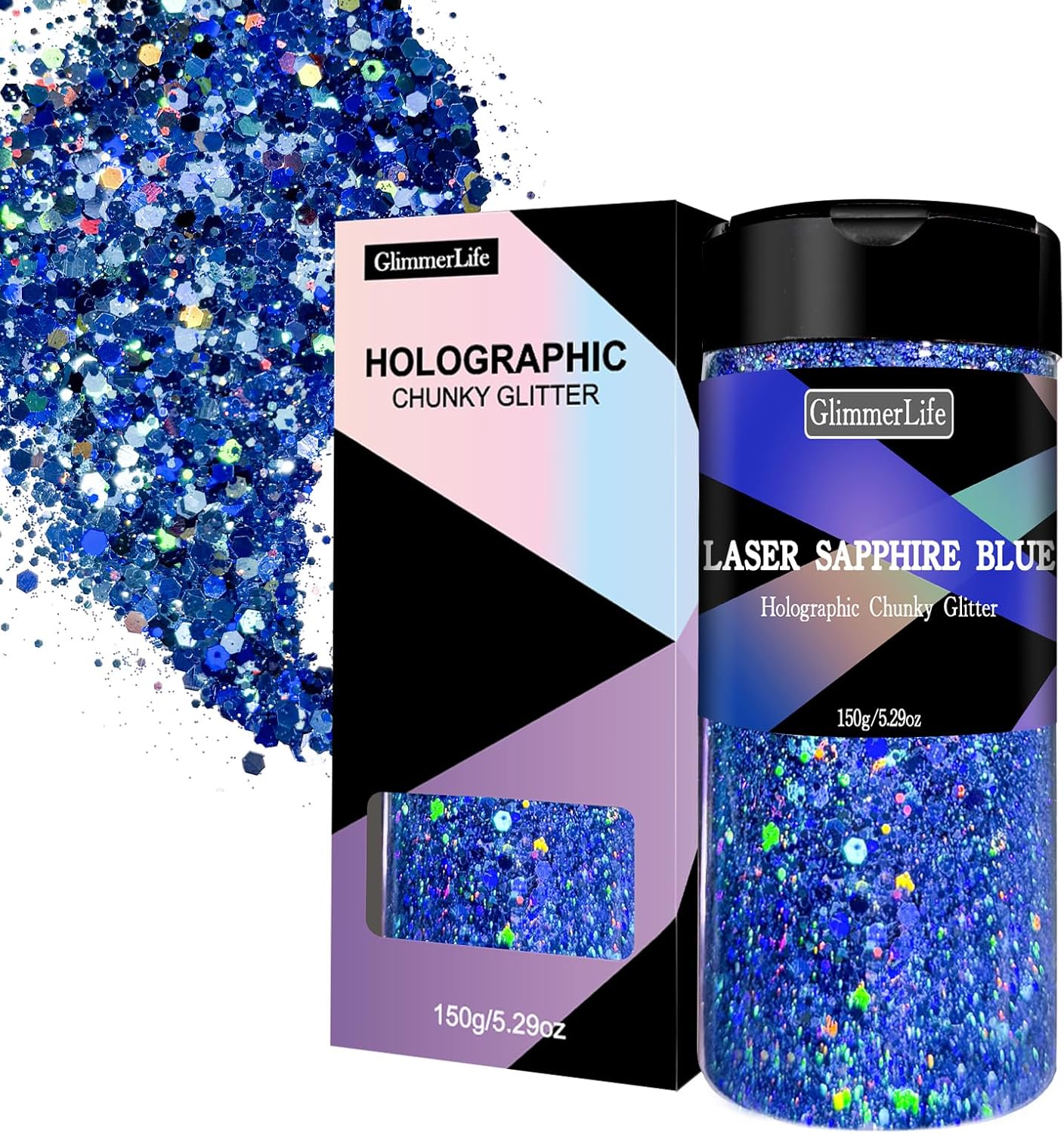 GlimmerLife Glitter 150G/5.29OZ Blue Glitter, Holographic Chunky Glitter, Craft Glitter for Resin, Metallic Iridescent Sequin Flakes Bulk, Nail Glitter for Makeup Face, Body Eye, Epoxy Tumblers