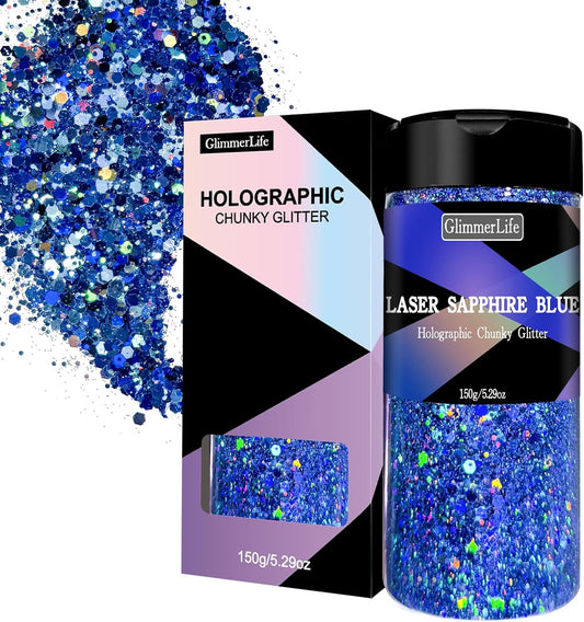 GlimmerLife Glitter 150G/5.29OZ Blue Glitter, Holographic Chunky Glitter, Craft Glitter for Resin, Metallic Iridescent Sequin Flakes Bulk, Nail Glitter for Makeup Face, Body Eye, Epoxy Tumblers