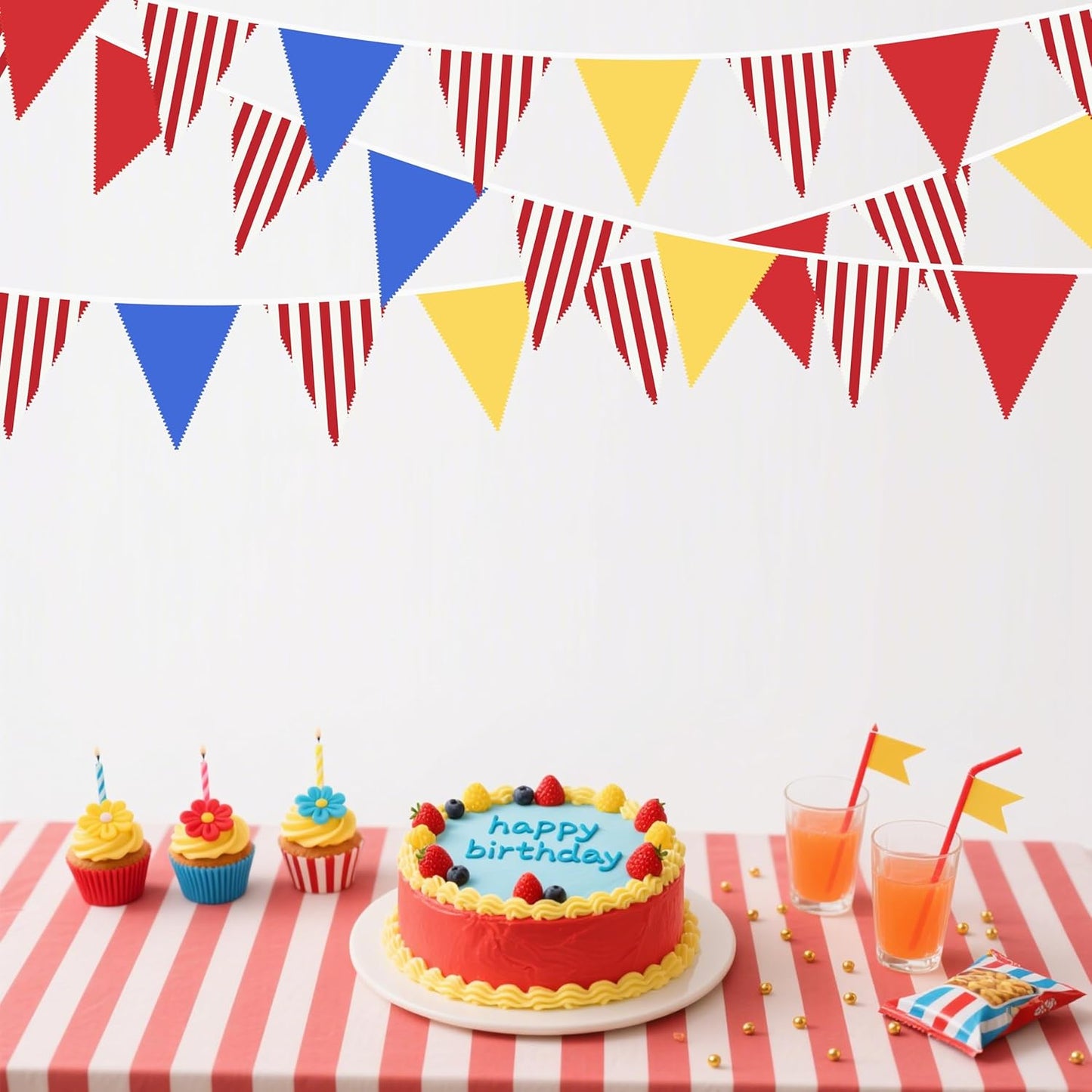 32Ft Red Blue Yellow Carnival Party Decorations Red Striped Carnival Circus Clown Triangle Flag Pennant Bunting Banner Fabric Garland Streamers for Kids Birthday Baby Shower Outdoor Decor Supplies