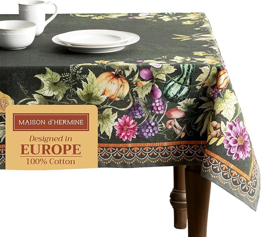Maison d' Hermine Table Cloth Square Table 100% Cotton 54 x 54 Inches Fall Tablecloth Reusable Everyday Use for Thanksgiving Christmas Decorations Dining Farmhouse Party (Pumpkin Garden - Dark Green)