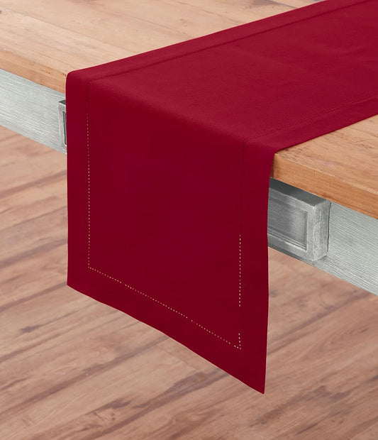 Solino Home Red Table Runner 36 Inches - Cotton Linen Hemstitch Coffee Table Runner 14 x 36 Inch Ideal for Dresser Tables - Fall, Autumn, Halloween, Christmas, Holiday