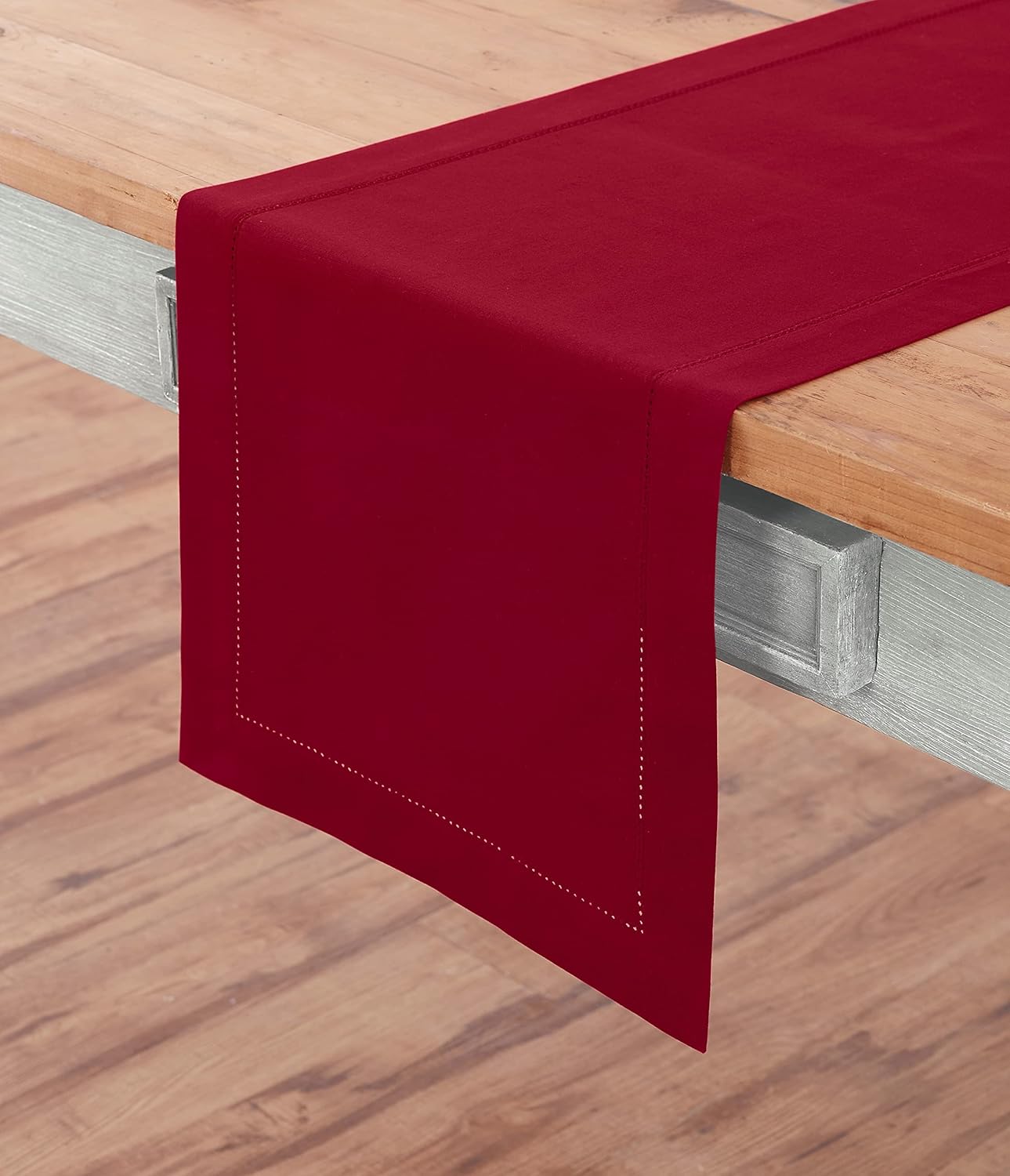 Solino Home Red Hemstitch Table Runner 48 Inches - Cotton Linen Small Table Runner 14 x 48 Inch Ideal for Dresser and Coffee Tables - Fall, Autumn, Halloween, Christmas, Holiday