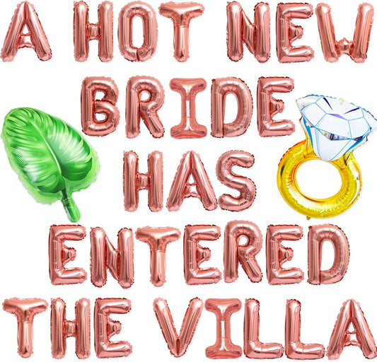 A Hot New Bride Has Entered The Villa Banner Balloons Palm Tree Ring Mylar Balloon for Love Island Themed Bachelorette Party Decorations