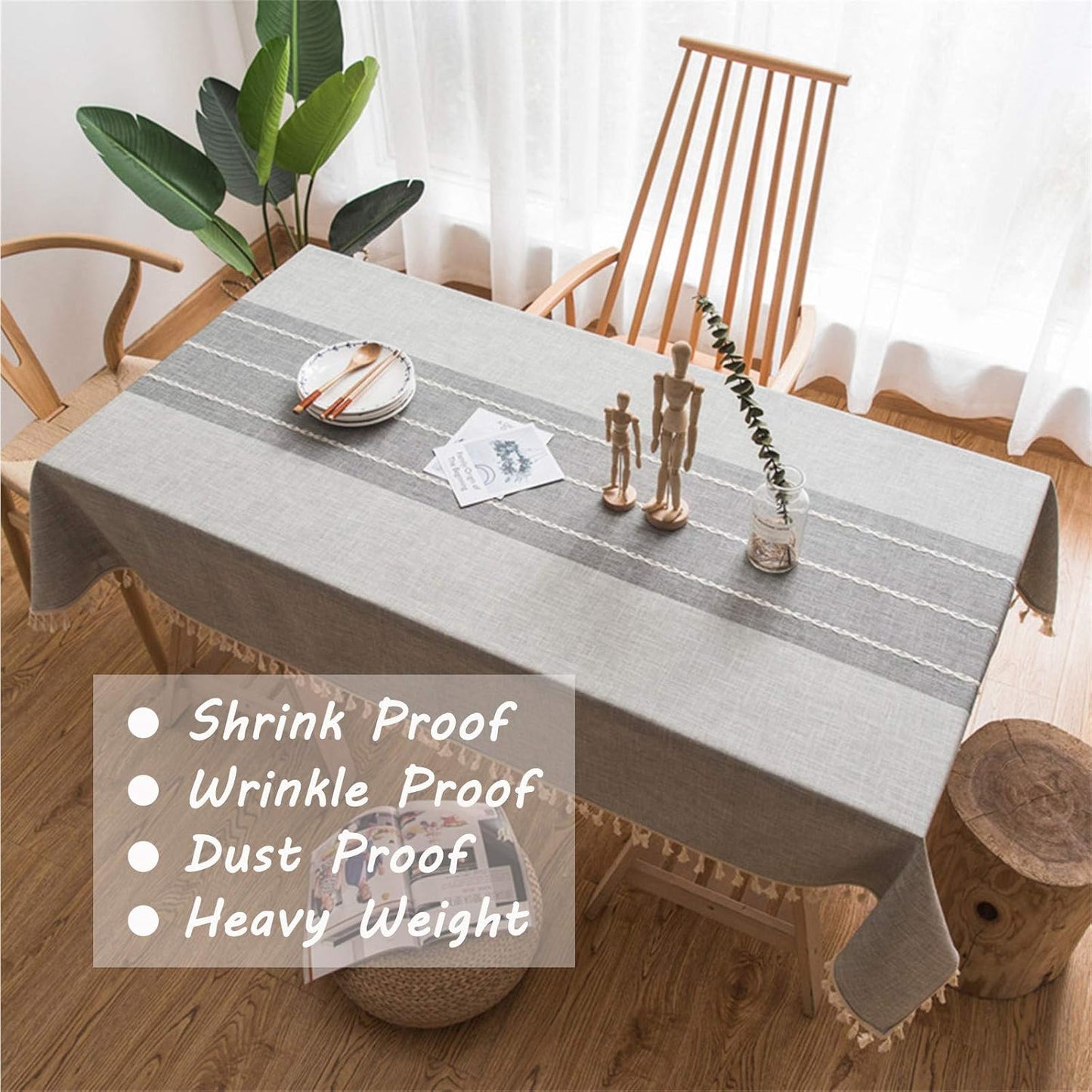 Cotton Linen Tablecloth, Tassel Stitching Table Cloth, Wrinkle Free Farmhouse Table Cover for Kitchen Dining, Party, Holiday (Rectangle, 55''x120'', 10-12 Seats, Gray)