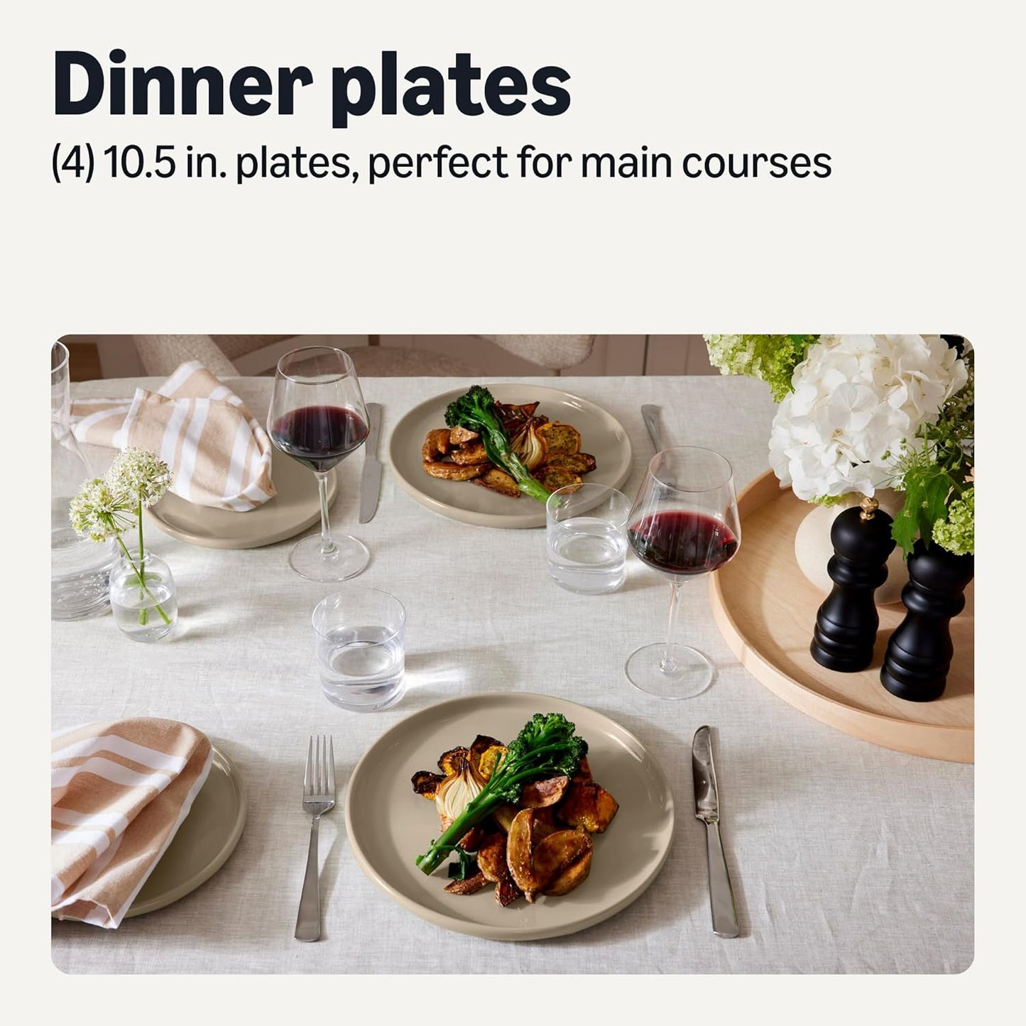 Amazon Basics Glazed Stoneware Dinner Plates, 4-Piece Set, Microwave and Dishwasher-Safe, 10.5 in., Linen Gray