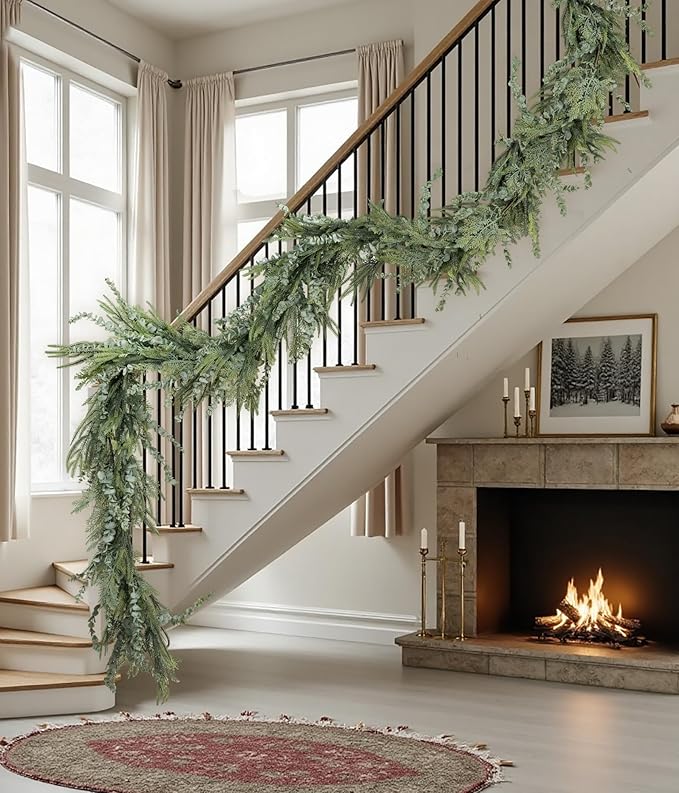9ft Handmade Christmas Garland,Artificial Eucalyptus Cedar Pine Needles Greenery Seasonal Garland for Christmas Fireplace Winter Holiday Indoor Outdoor Decoration