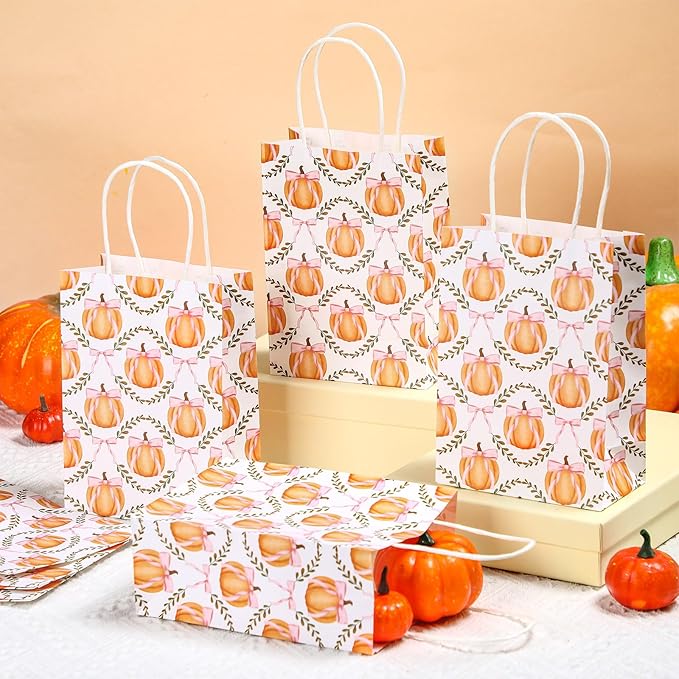 Kolldenn 16 Pcs Coquette Pumpkin Bow Paper Gift Bags Women Birthday Thanksgiving Party Favor Goodie Candy Bags with Handles for Bridal Engagement Party Supplies 8.3 x 5.9 x 3.1 In(White, Pumpkin Bow)