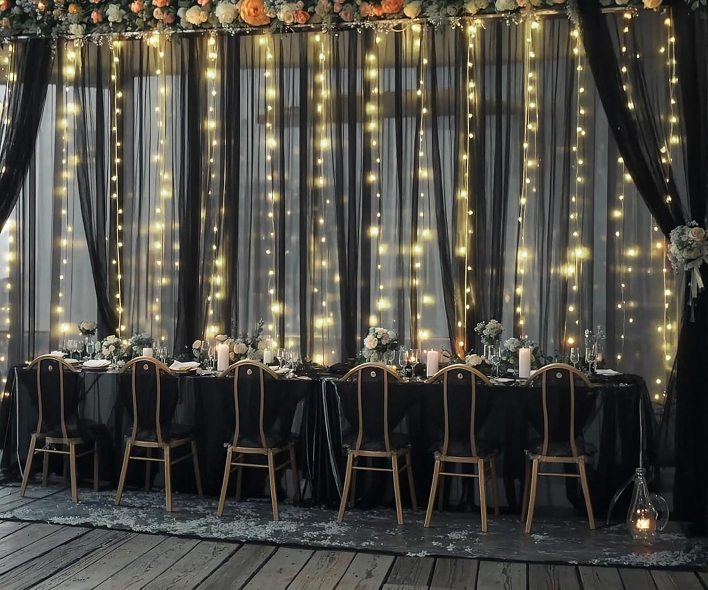 Black Tulle Backdrop Curtain with Lights String for Parites 20ft×8ft Black Sheer Backdrop Curtains for Baby Shower Wedding Bridal Shower Birthday Party Photo Shoot Decorations(4 Panels 5×8ft)